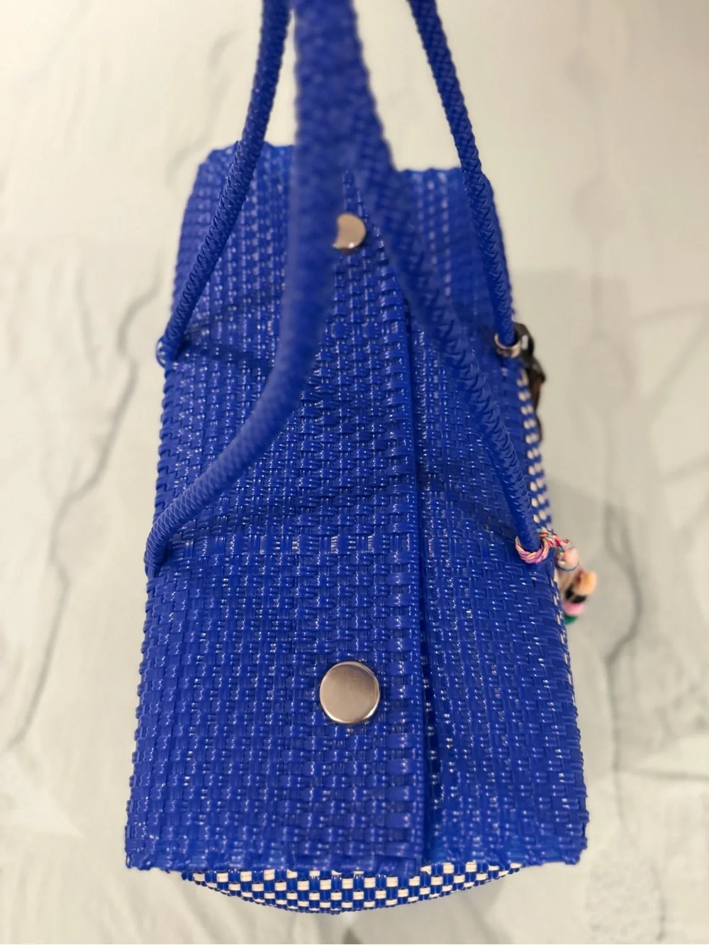 Maria Victoria Blue and Cream Woven Tote with Tassel Charm